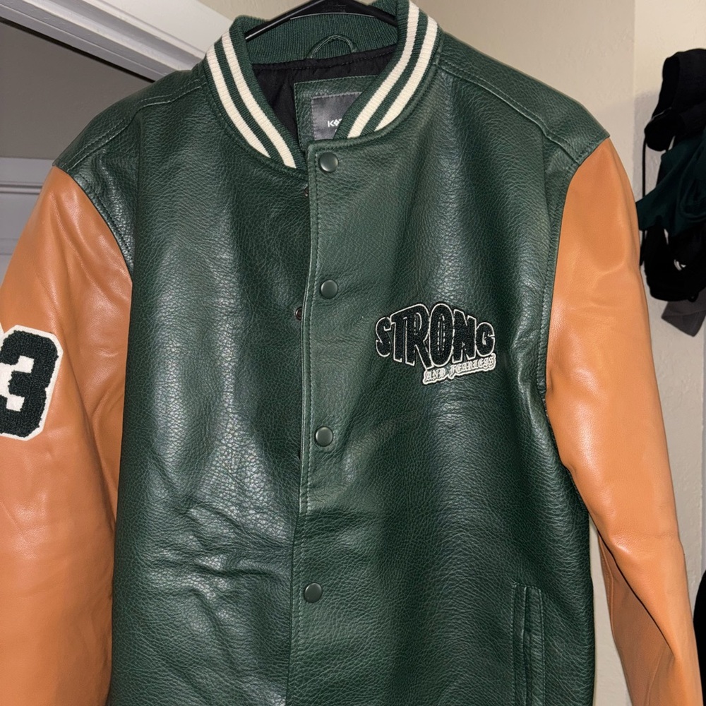 Classic Green and Tan Bomber Varsity Jacket